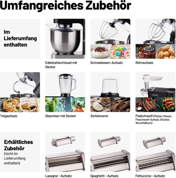 Lauben Kitchen Machine 1200BC, Küchenmaschine, planetarische Rührbewegung, 1200 W Leistung, Kupfermotor, Edelstahlschüssel mit 5,5 l Inhalt, Kochbuch – Image 4
