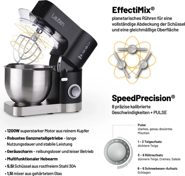 Lauben Kitchen Machine 1200BC, Küchenmaschine, planetarische Rührbewegung, 1200 W Leistung, Kupfermotor, Edelstahlschüssel mit 5,5 l Inhalt, Kochbuch – Image 5