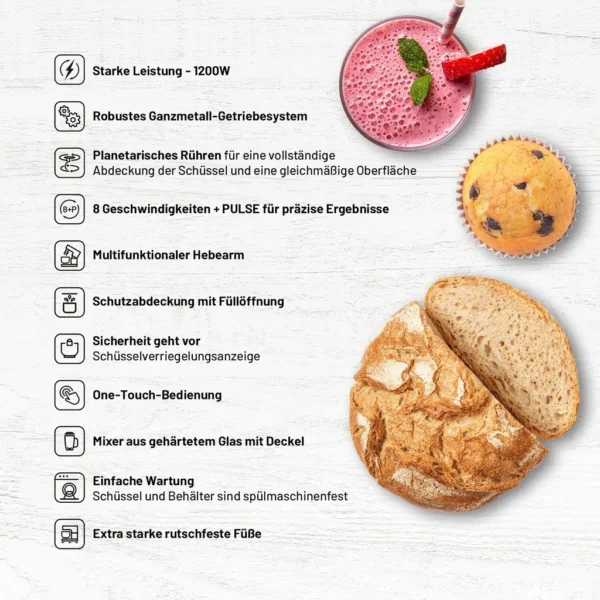 Lauben Kitchen Machine 1200BC, Küchenmaschine, planetarische Rührbewegung, 1200 W Leistung, Kupfermotor, Edelstahlschüssel mit 5,5 l Inhalt, Kochbuch – Image 7