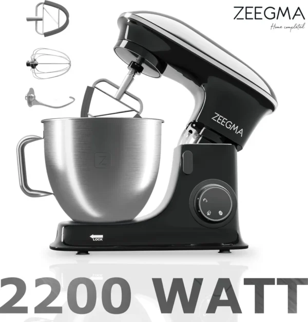 Zeegma Planeet Chef Küchenmaschine, Knetmaschine 2200W, Multifunktionaler Roboter, Teigmaschine, Rührmaschine mit 6,5 L Edelstahl Schüssel Schwarz