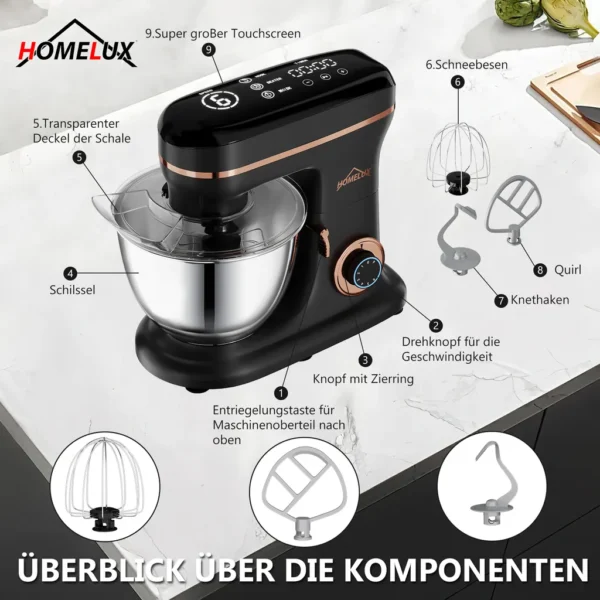 HOMELUX 1800W Küchenmaschine Multifunktional Knetmaschine, 8L Knetmaschine inkl 3-Teiligem Patisserie-Set und Spritzschutz, 6 Geschwindigkeit – Image 3