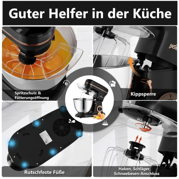 HOMELUX 1800W Küchenmaschine Multifunktional Knetmaschine, 8L Knetmaschine inkl 3-Teiligem Patisserie-Set und Spritzschutz, 6 Geschwindigkeit – Image 4