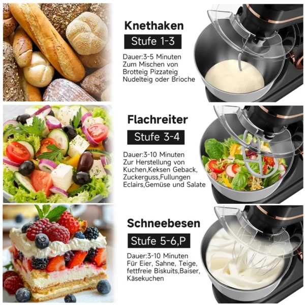 HOMELUX 1800W Küchenmaschine Multifunktional Knetmaschine, 8L Knetmaschine inkl 3-Teiligem Patisserie-Set und Spritzschutz, 6 Geschwindigkeit – Image 6