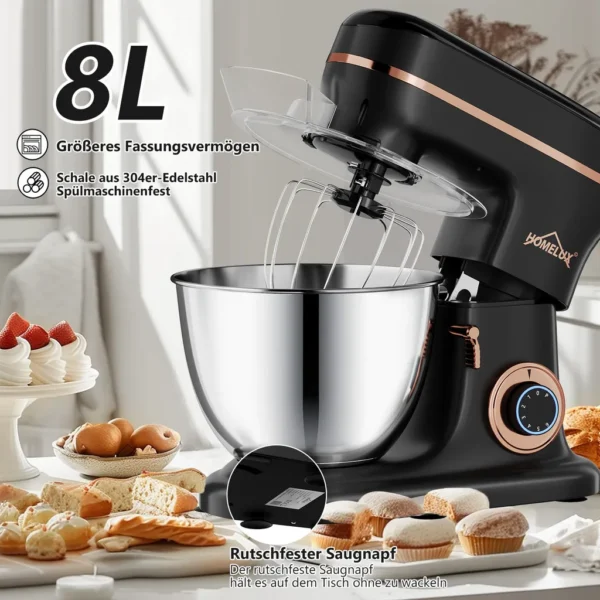 HOMELUX 1800W Küchenmaschine Multifunktional Knetmaschine, 8L Knetmaschine inkl 3-Teiligem Patisserie-Set und Spritzschutz, 6 Geschwindigkeit – Image 7