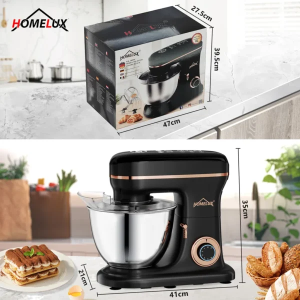 HOMELUX 1800W Küchenmaschine Multifunktional Knetmaschine, 8L Knetmaschine inkl 3-Teiligem Patisserie-Set und Spritzschutz, 6 Geschwindigkeit – Image 8