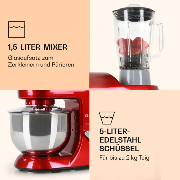 Klarstein Lucia Rossa Küchenmaschine Mixer (1200 Watt, 5 Liter Rührschüssel, Fleischwolf, Saftpresse ) – Image 11