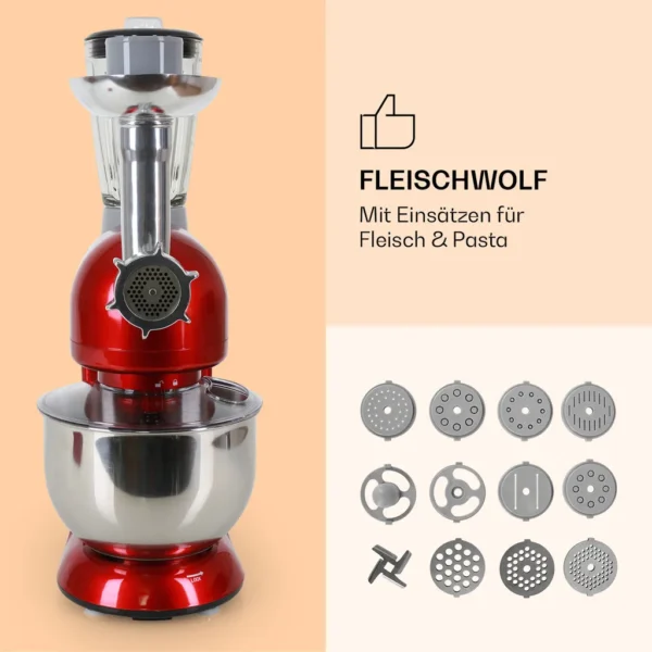 Klarstein Lucia Rossa Küchenmaschine Mixer (1200 Watt, 5 Liter Rührschüssel, Fleischwolf, Saftpresse ) – Image 12