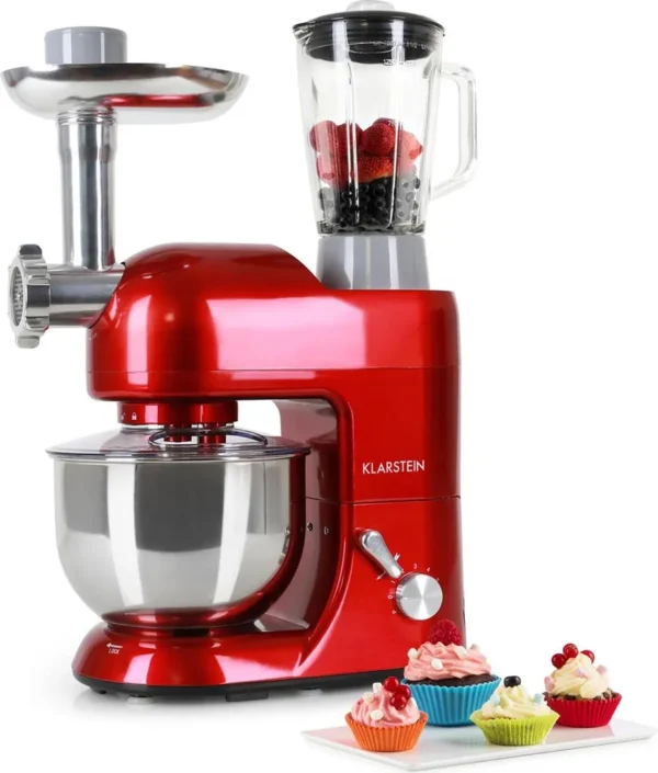 Klarstein Lucia Rossa Küchenmaschine Mixer (1200 Watt, 5 Liter Rührschüssel, Fleischwolf, Saftpresse )